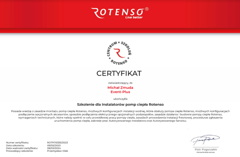 Event plus certyfikat rotenso pompy ciepla autoryzowany instalator